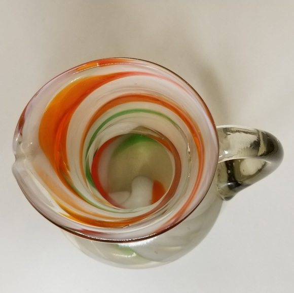 Hand Blown Art Glass Pitcher Orange Green White Swirl Design 20oz - Picture 8 of 12